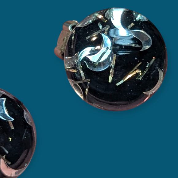 1960s Bewitching Glitter Lucite Clip-On Earrings ~ moons cabochon clear matrix - Picture 3 of 9